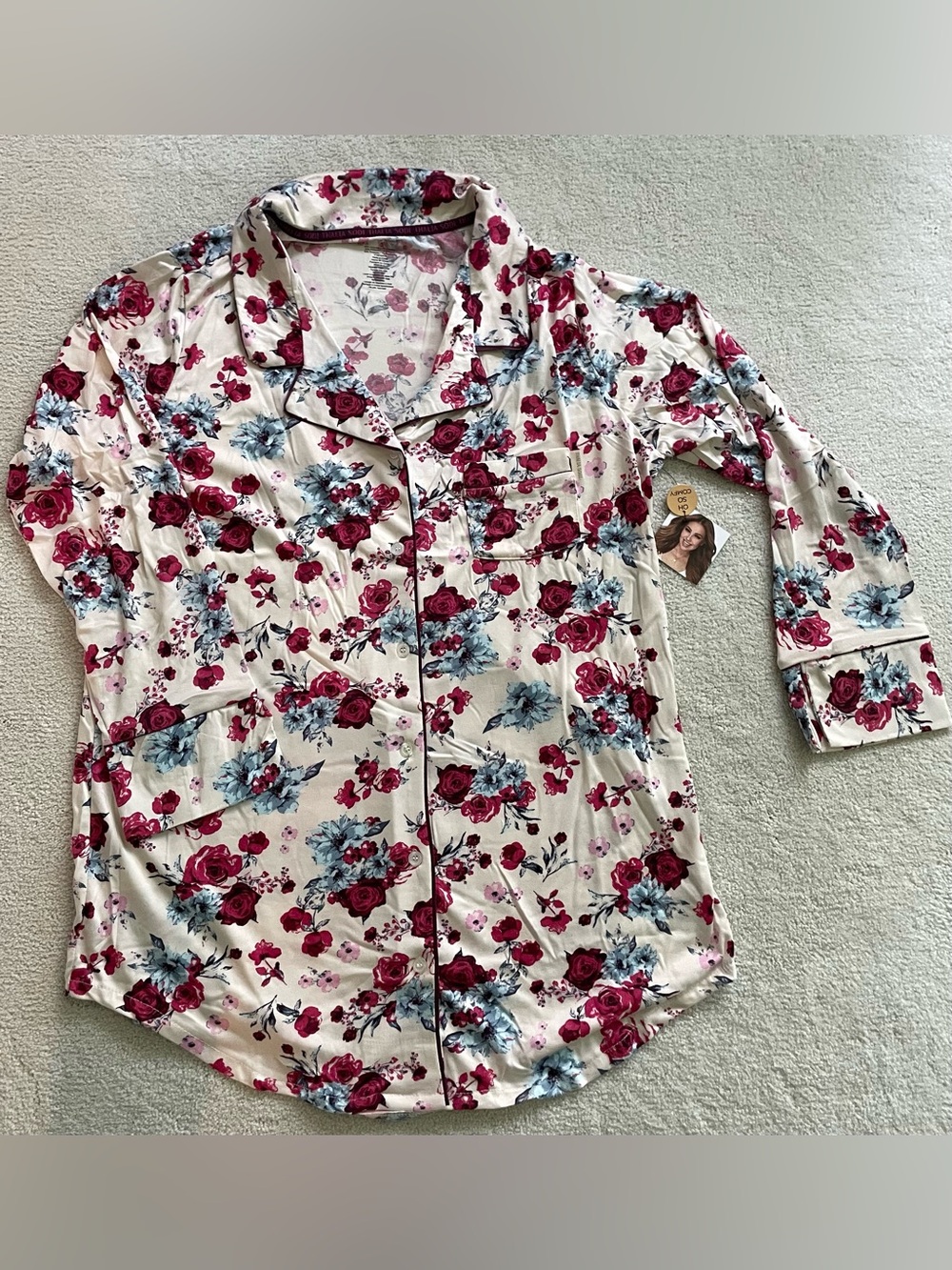 Thalia Sodi Ivory Floral Button-Front Long Pajama Sleep Shirt